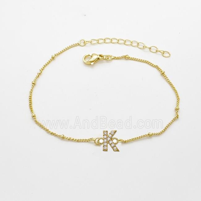 Copper Bracelet With Letter-K Pave Zirconia Gold Plated