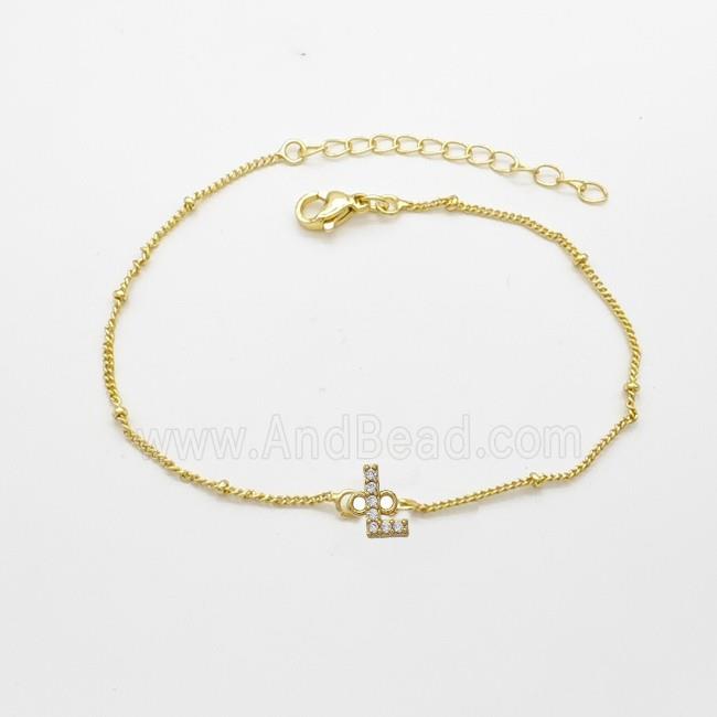 Copper Bracelet With Letter-L Pave Zirconia Gold Plated