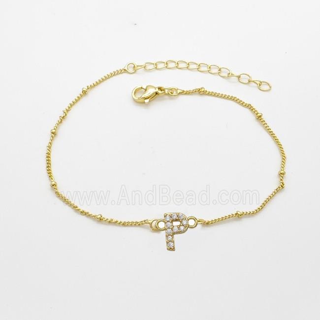 Copper Bracelet With Letter-P Pave Zirconia Gold Plated