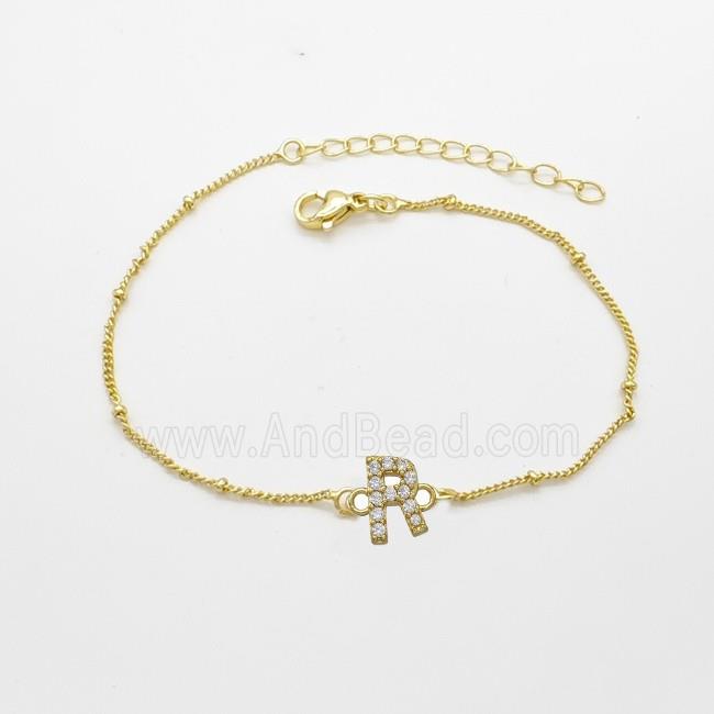 Copper Bracelet With Letter-R Pave Zirconia Gold Plated