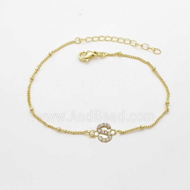 Copper Bracelet With Letter-S Pave Zirconia Gold Plated