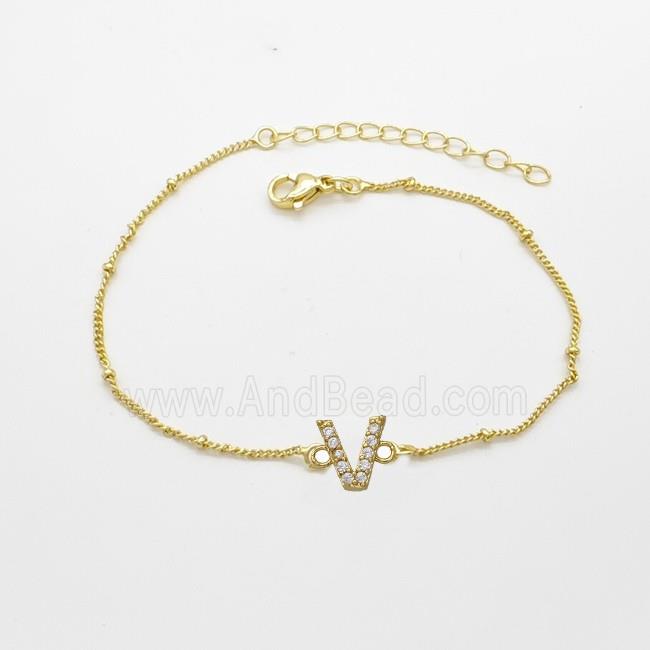 Copper Bracelet With Letter-V Pave Zirconia Gold Plated