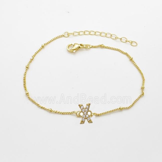 Copper Bracelet With Letter-X Pave Zirconia Gold Plated