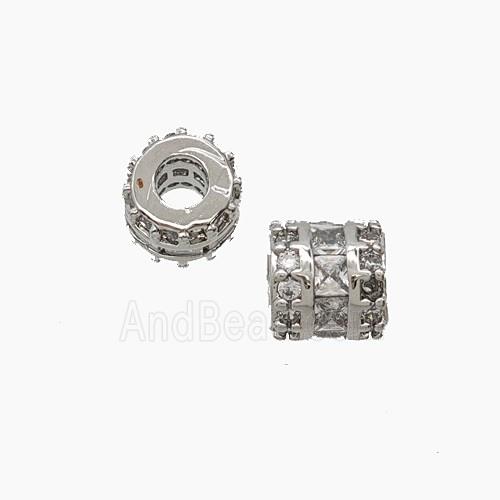 Copper Tube Beads Pave Zirconia Large Hole Platinum Plated