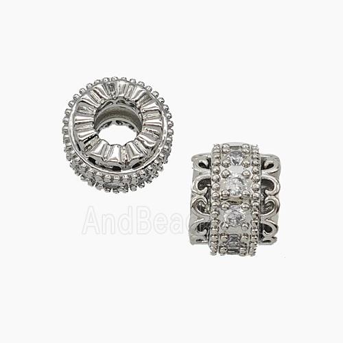 Copper Tube Beads Pave Zirconia Large Hole Platinum Plated