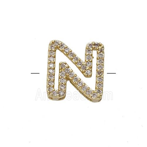 Copper Letter-N Beads Pave Zirconia Gold Plated