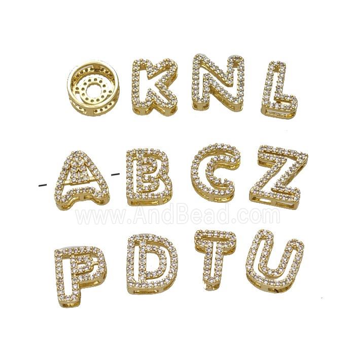 Copper Alphabet Beads Pave Zirconia Gold Plated Mixed Letters