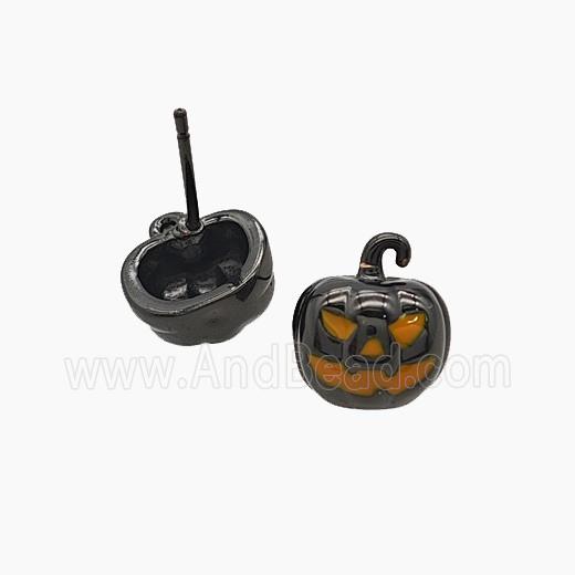 Halloween Pumpkin Copper Stud Earrings Enamel Black Plated