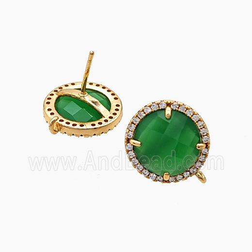 Copper Circle Stud Earrings Pave Zirconia Green Jadeite Glass Gold Plated