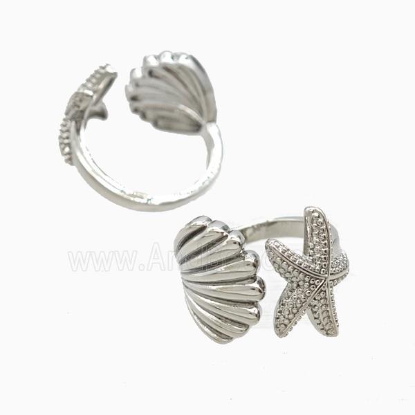 Copper Starfish And Scallop Shell Rings Platinum Plated