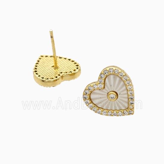 Copper Heart Stud Earrings Pave Zirconia Shell 18K Gold Plated