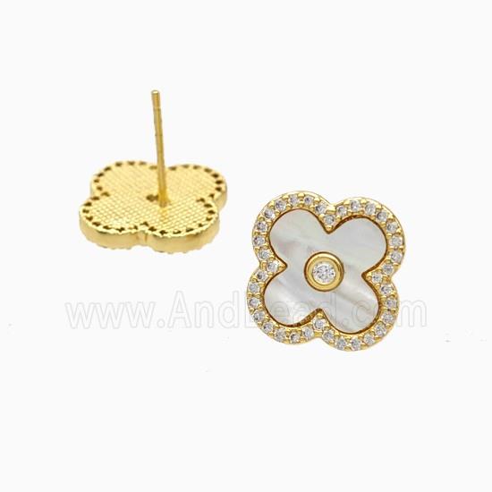 Copper Clover Stud Earrings Pave Zirconia Shell 18K Gold Plated