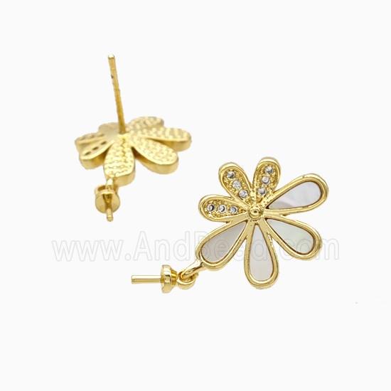 Copper Flower Stud Earrings Pave Zirconia Shell 18K Gold Plated