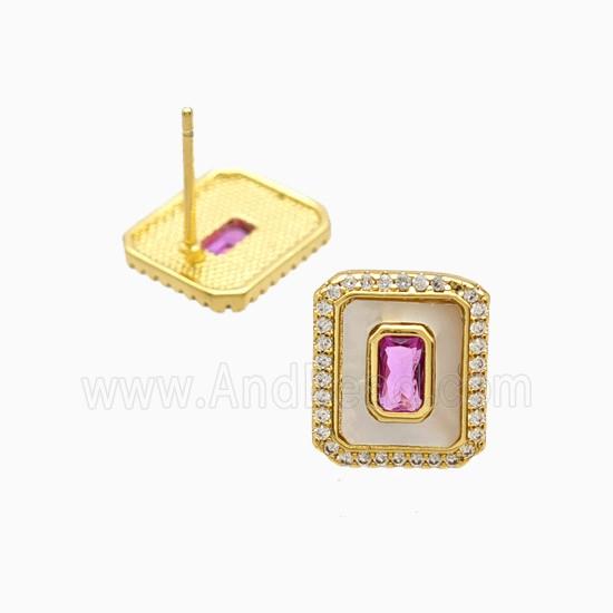 Copper Rectangle Stud Earrings Pave Zirconia Shell 18K Gold Plated