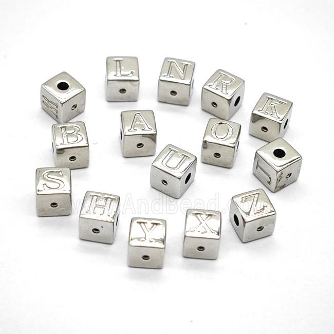 Copper Cube Beads With Letter Mixed Platinum Plated