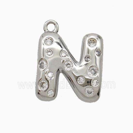 Copper Letter-N Pendant Pave Zirconia Platinum Plated