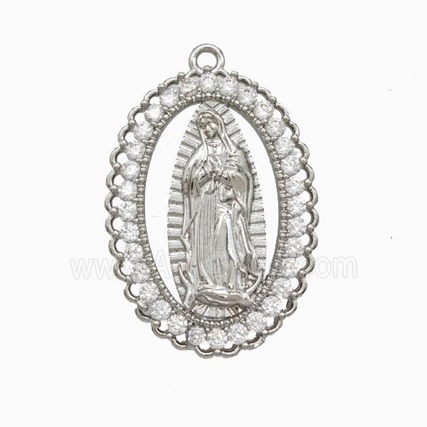 Copper Virgin Mary Pendant Pave Zirconia Platinum Plated