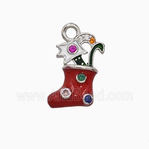 Christmas Stocking Charms Copper Pendant Pave Zirconia Red Enamel Platinum Plated