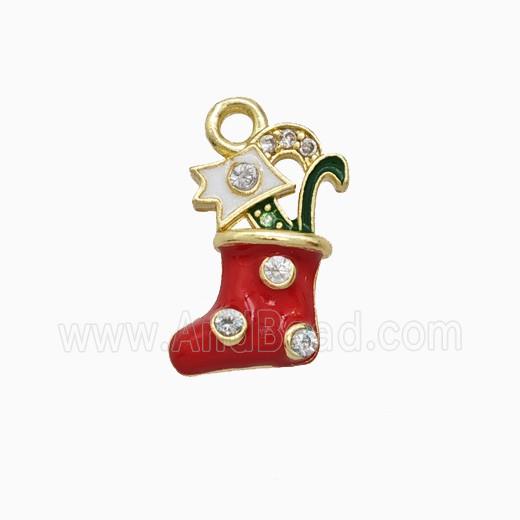 Christmas Stocking Charms Copper Pendant Pave Zirconia Red Enamel Gold Plated
