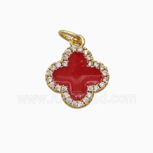 Copper Clover Pendant Pave Zirconia Red Enamel Gold Plated