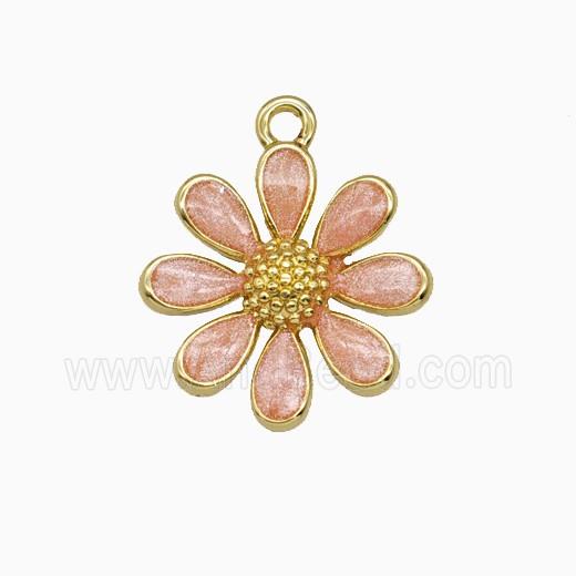 Copper Daisy Flower Pendant Pink Painted Gold Plated