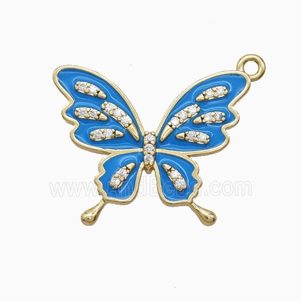 Copper Butterfly Pendant Pave Zirconia Blue Enamel Gold Plated