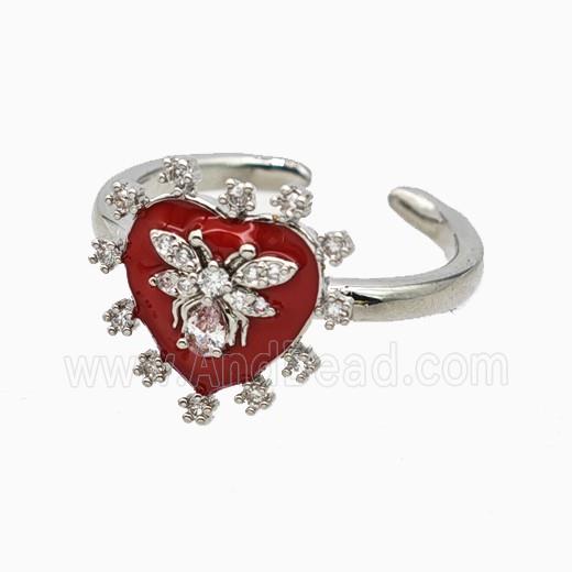 Copper Heart Rings Pave Zirconia Red Enamel Honeybee Platinum Plated