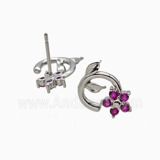 Copper Flower Stud Earrings Pave Zirconia Platinum Plated