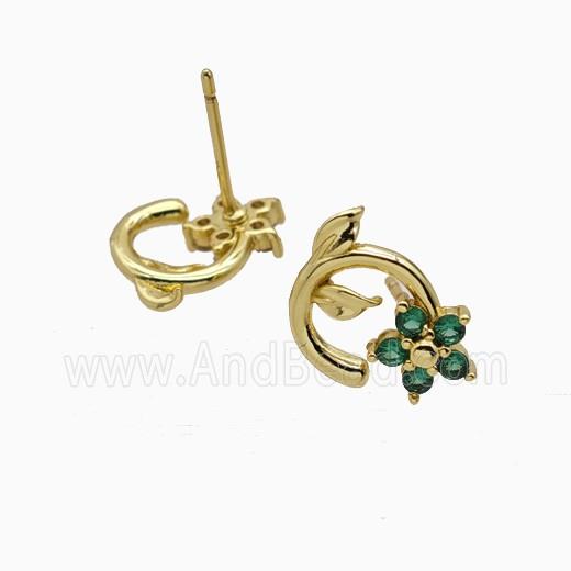 Copper Flower Stud Earrings Pave Zirconia Gold Plated