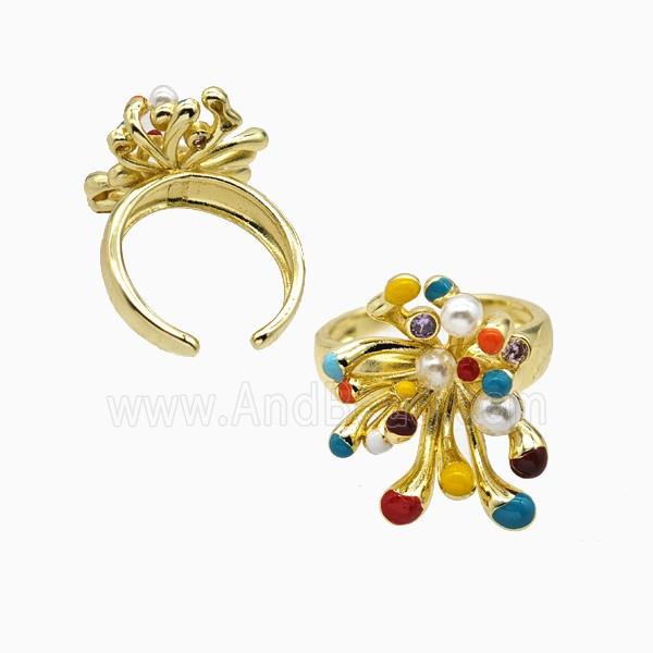 Copper Flower Rings Pave Resin Multicolor Enamel Gold Plated