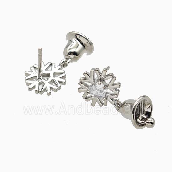Christmas Bell And Snowflake Charms Copper Stud Earrings Pave Zirconia Platinum Plated