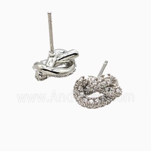 Copper Knot Stud Earrings Pave Zirconia Platinum Plated