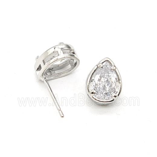 Copper Teardrop Stud Earrings Pave Zirconia Platinum Plated