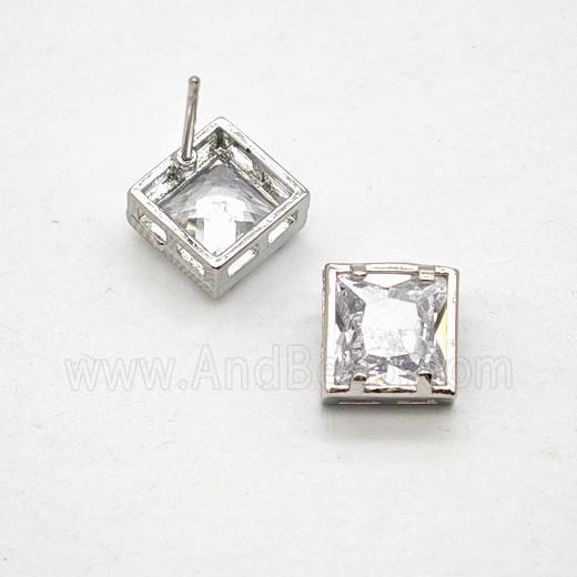 Copper Square Stud Earrings Pave Zirconia Platinum Plated