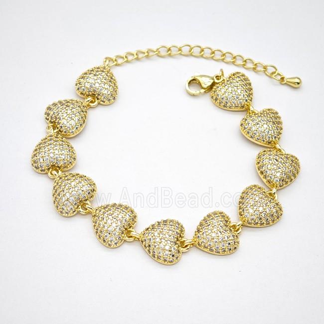 Copper Heart Bracelet Pave Zirconia Gold Plated