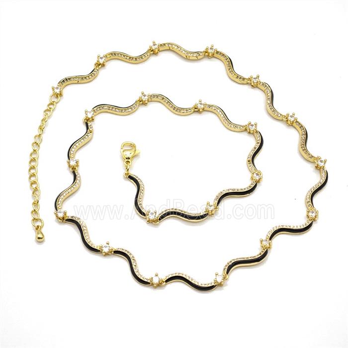 Copper Necklace Pave Zironia Black Enamel Gold Plated