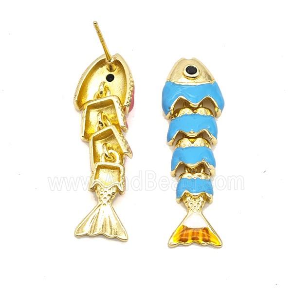Copper Fish Stud Earrings Blue Enamel Gold Plated