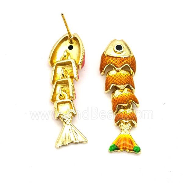 Copper Fish Stud Earrings Orange Enamel Gold Plated