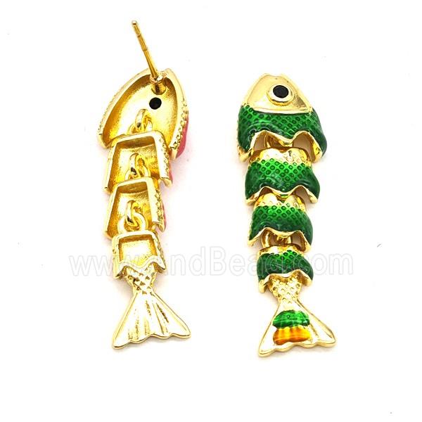 Copper Fish Stud Earrings Green Enamel Gold Plated