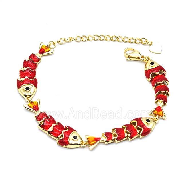 Copper Fish Bracelet Red Enamel Gold Plated