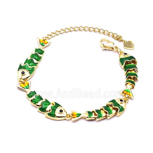 Copper Fish Bracelet Green Enamel Gold Plated