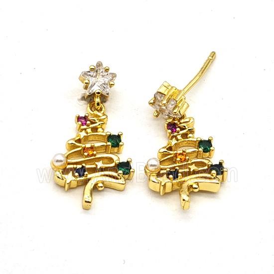 Copper Christmas Tree Stud Earrings Pave Zirconia Gold Plated