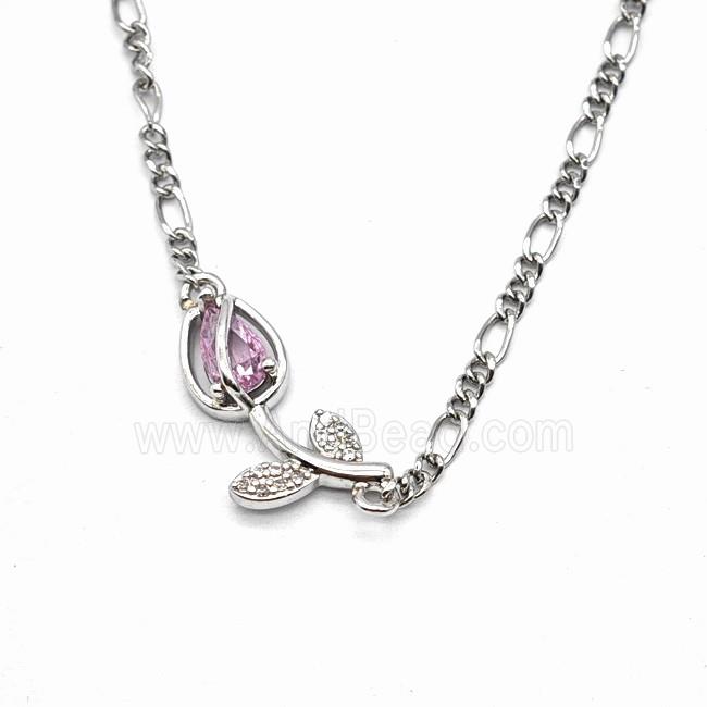 Copper Tulip Flower Necklace Pave Zirconia Platinum Plated