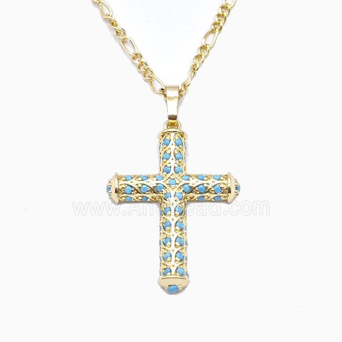 Copper Cross Necklace Pave Turq Zirconia Gold Plated