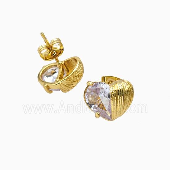Copper Heart Stud Earrings Pave Zirconia 18K Gold Plated