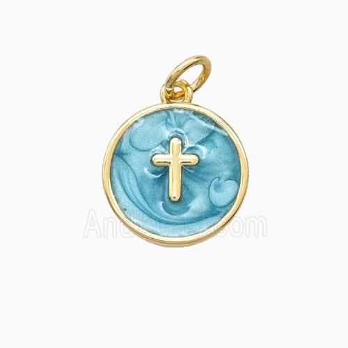 Copper Cross Pendant Teal Enamel 18K Gold Plated