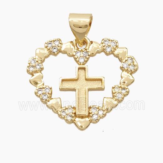 Copper Heart Cross Pendant Pave Zirconia Gold Plated