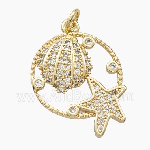 Copper Scallop Shell And Starfish Pendant Pave Zirconia Gold Plated