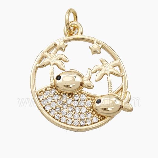Copper Fish And Coconut Tree Pendant Pave Zirconia Gold Plated