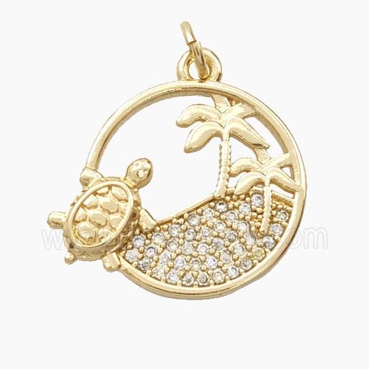 Copper Tortoise And Coconut Tree Pendant Pave Zirconia Gold Plated